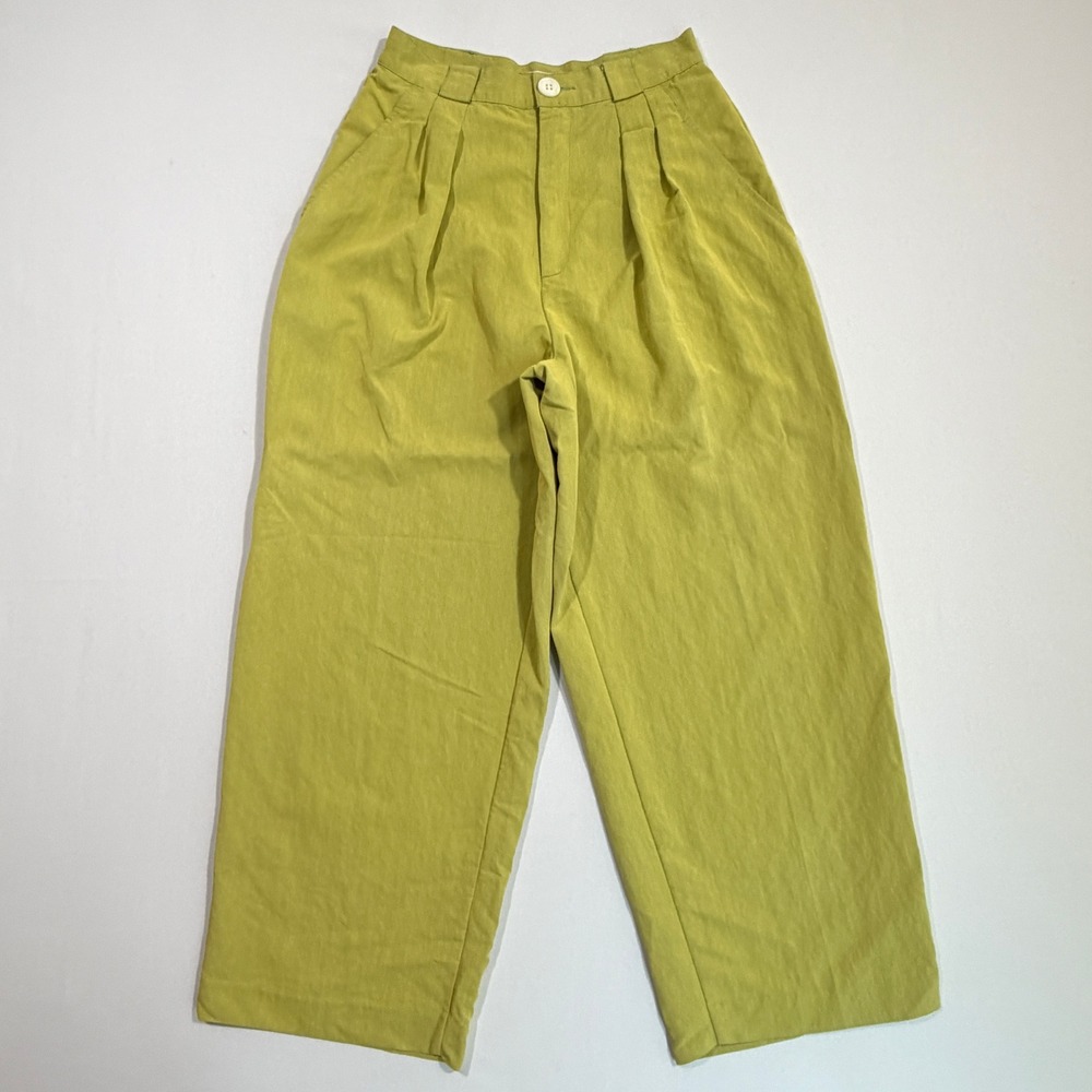 Vintage Esprit Womens 7/8 Pleated Wide Leg Pants Chartreuse Green Trousers 90s